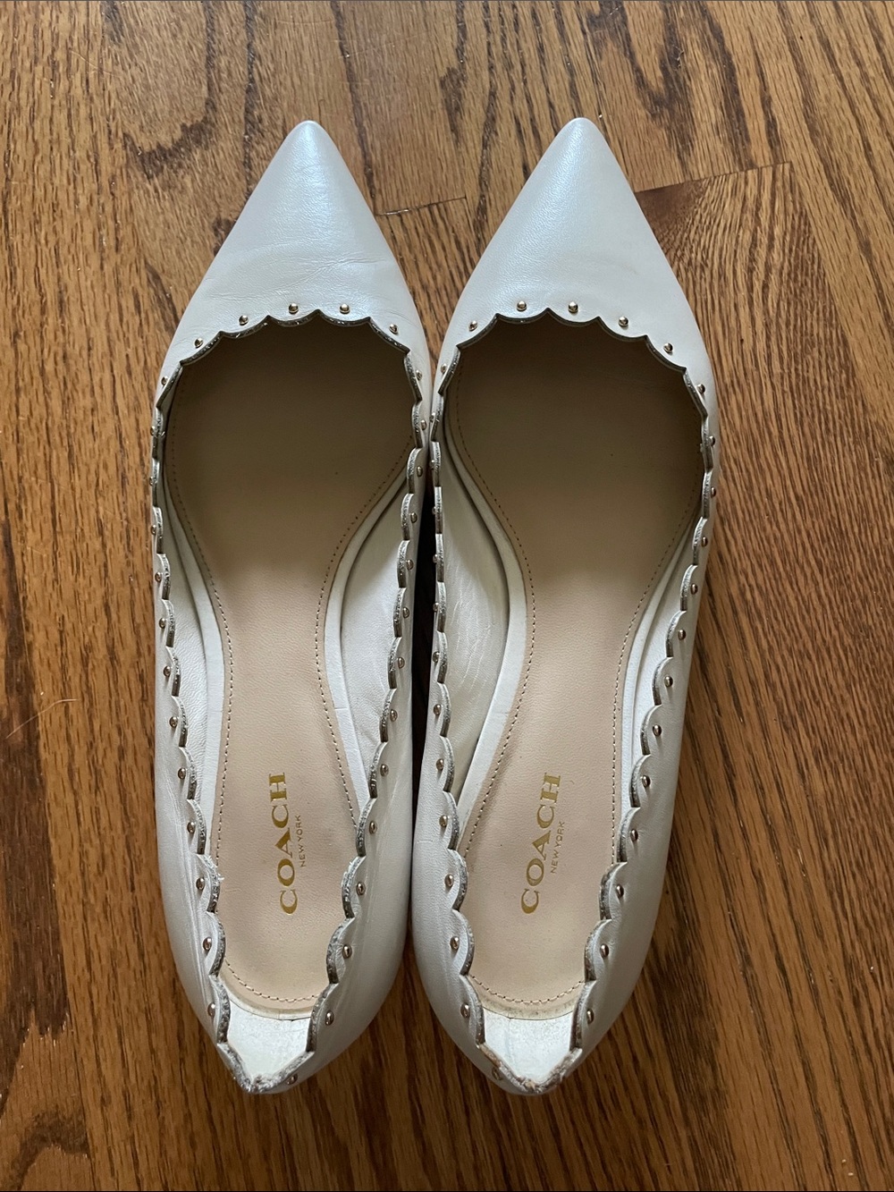 COACH Ivory Scalloped Pointed-Toe Leather Flats with Stud Trim